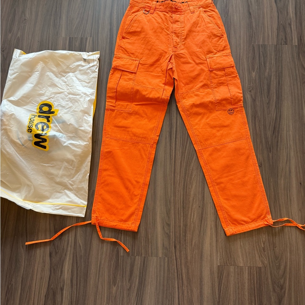 Drew House Orange Cotton Ripstop Cargo Pants Size 28 NWT Smile Patch